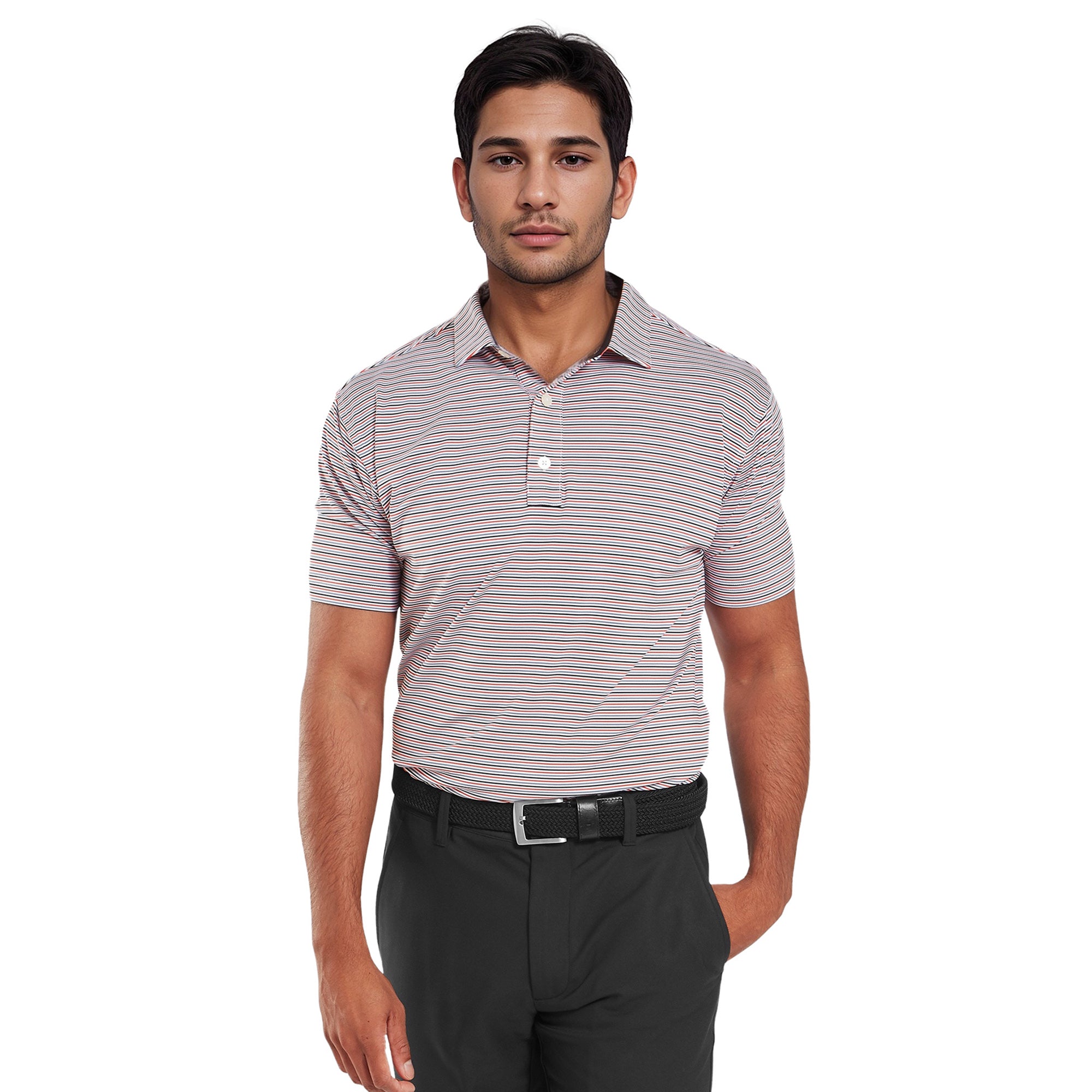 FootJoy Balance Stripe Lisle Golf Shirt White/Hibiscus 34030