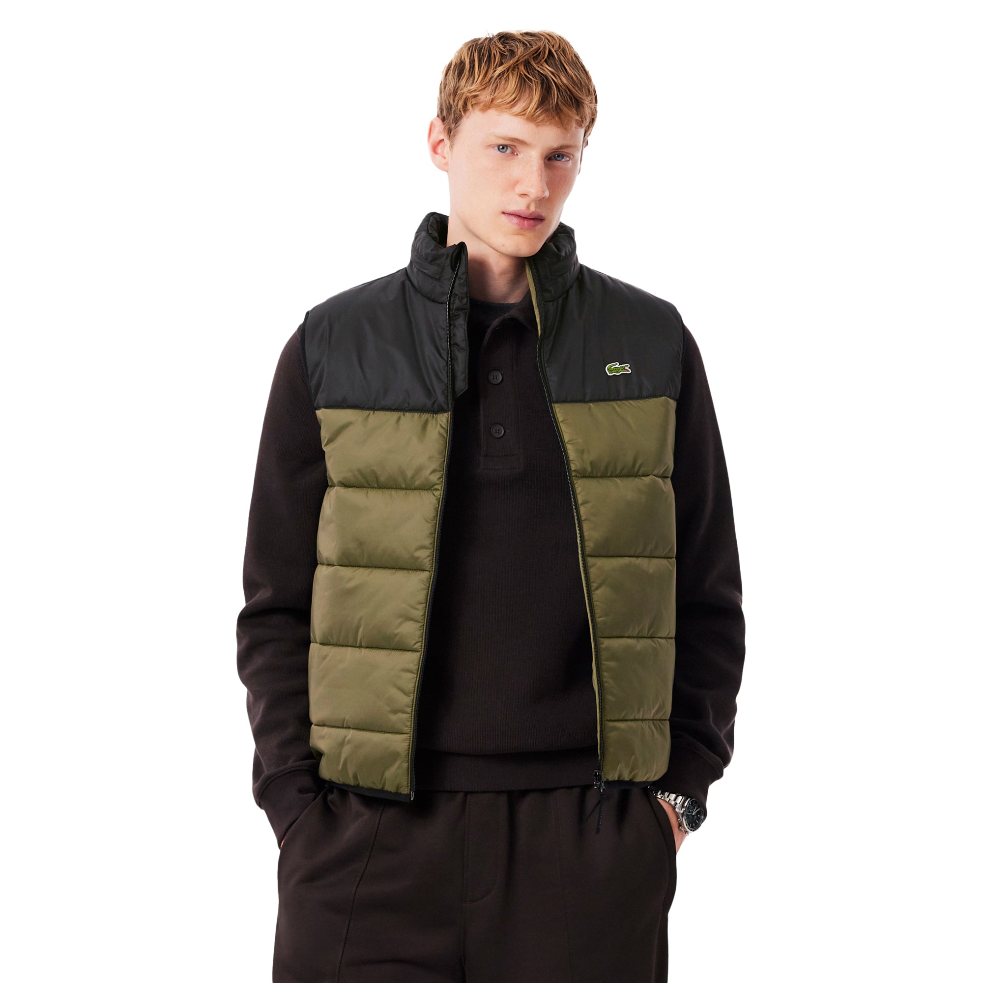 Lacoste Water Repellent Hooded Puffer Vest - Khaki Green Black 81L