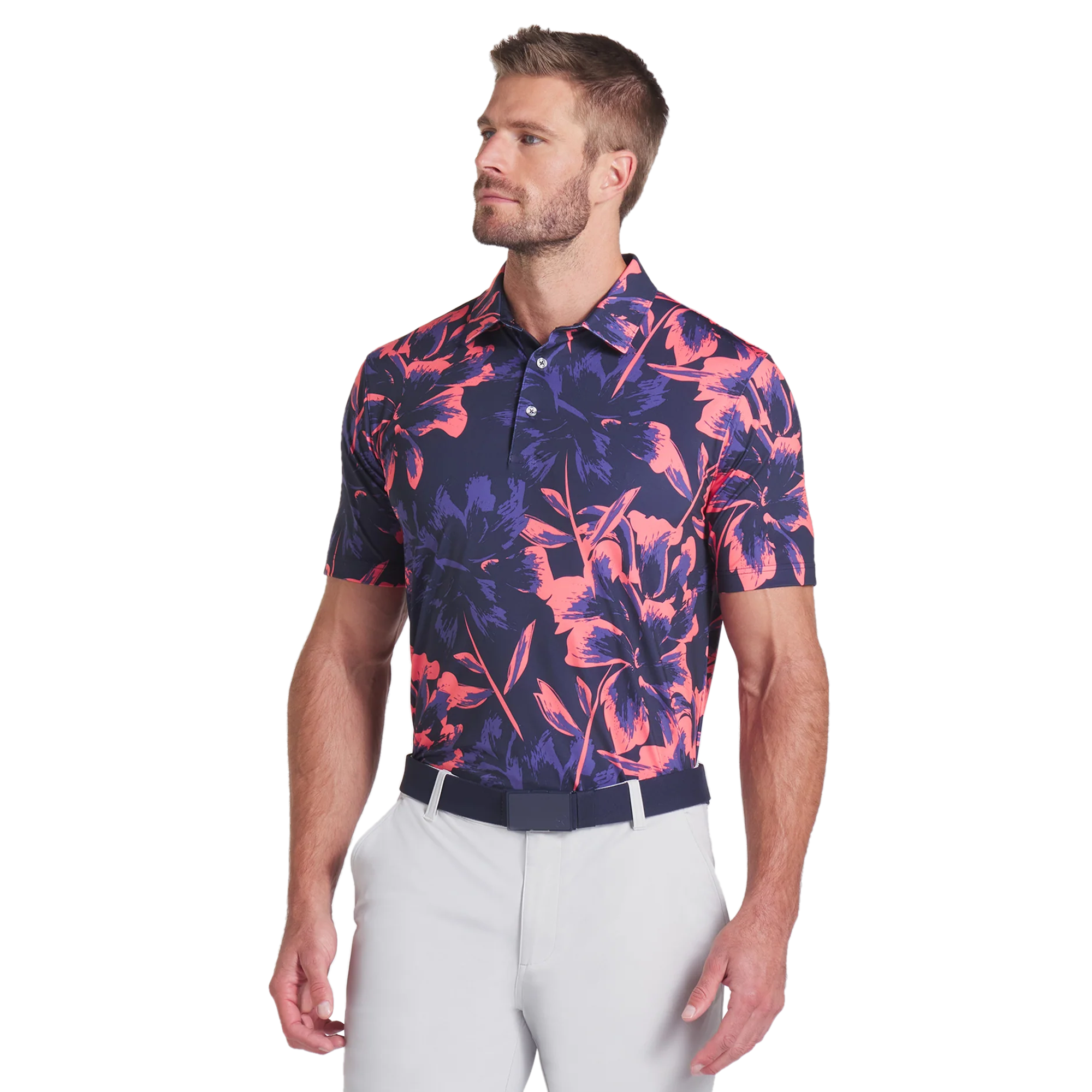 Puma Golf Broken Flower Polo Shirt - Deep Navy/Peach Frost 01 Puma Golf Broken Flower Polo Shirt - Deep Navy/Peach Frost 01