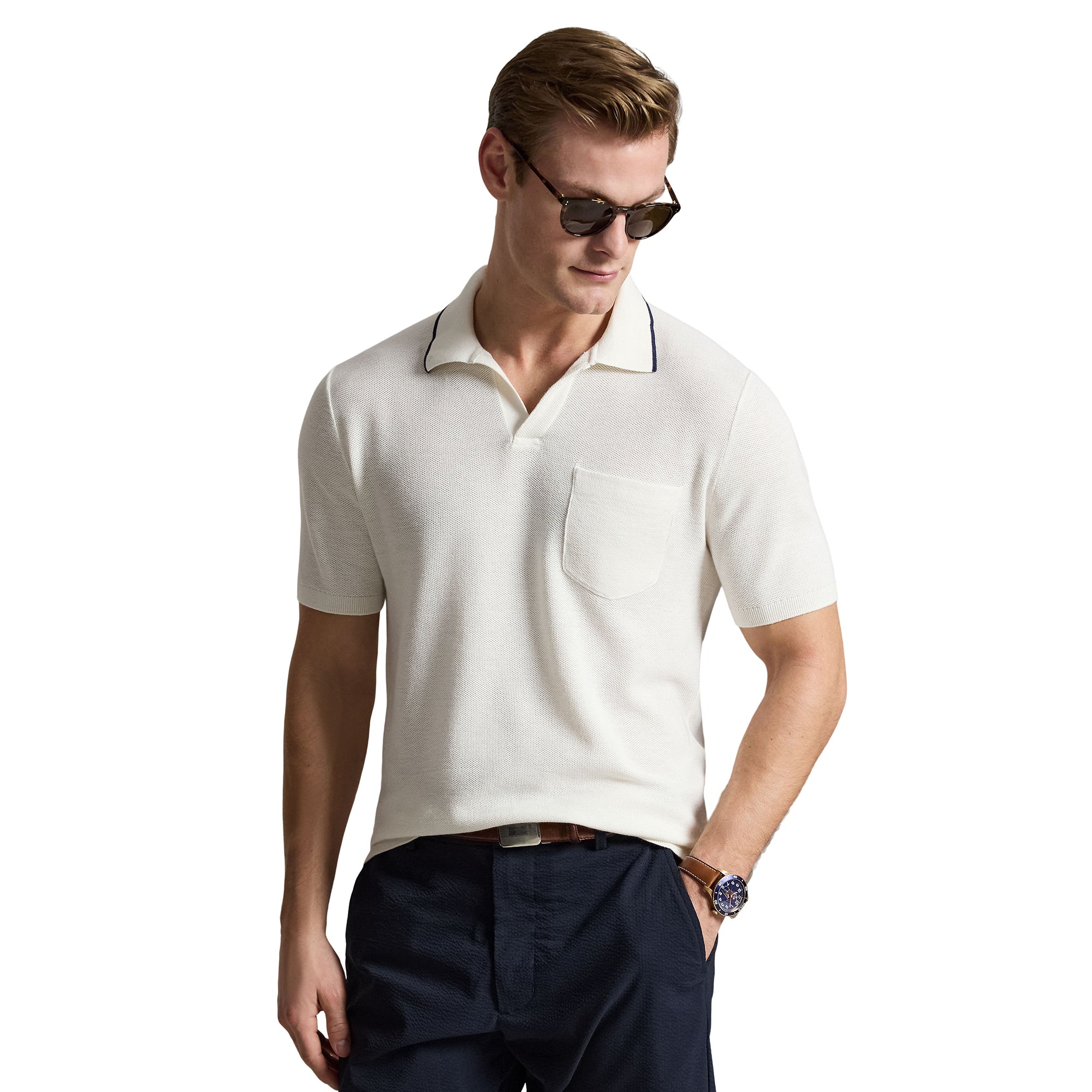 RLX Ralph Lauren Mesh Knit Polo Shirt - White Splash/Refined Navy