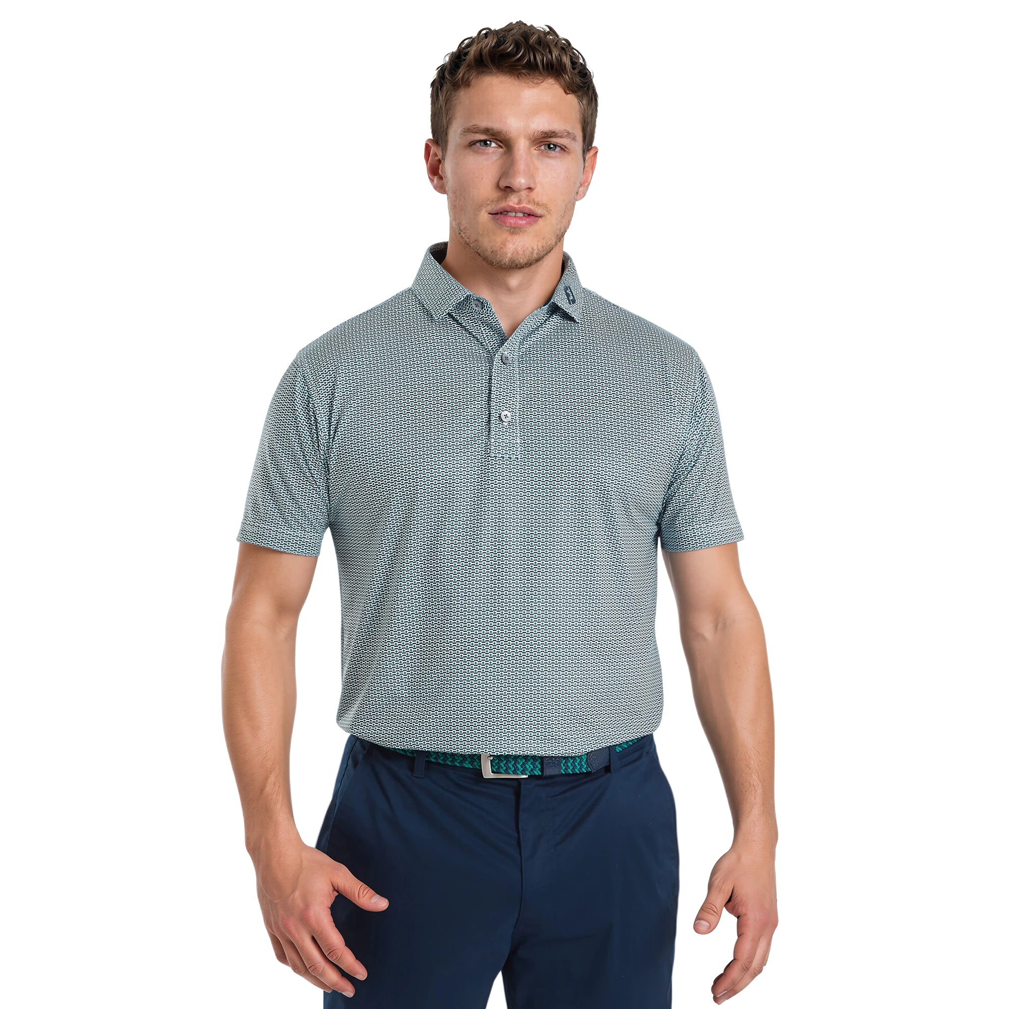 FootJoy FJ Nautical Flag Print Lisle Shirt - Field Green/Navy