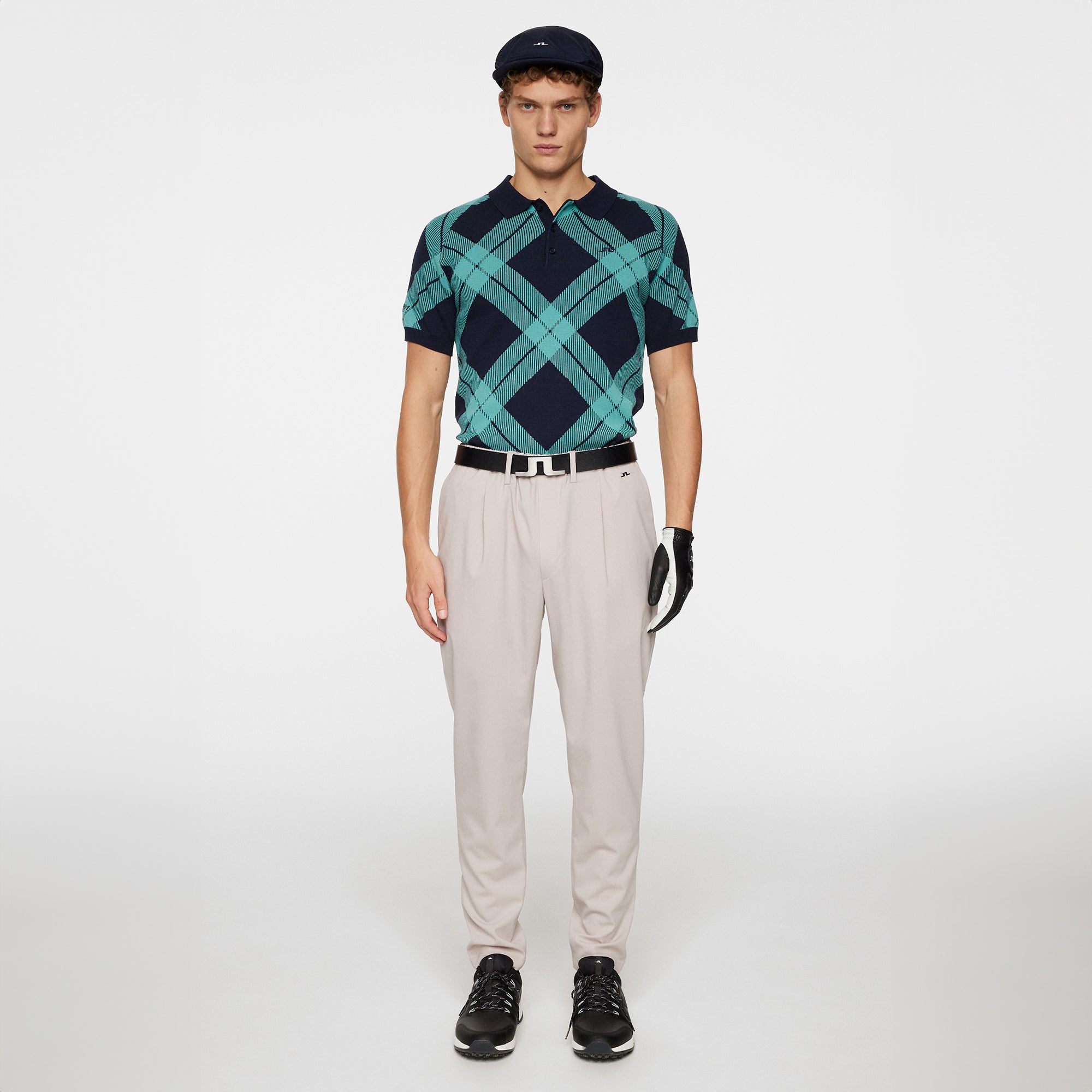 J.Lindeberg Golf x Glenmuir Martin Knitted Polo Shirt Glenmuir Tartan Teal W104
