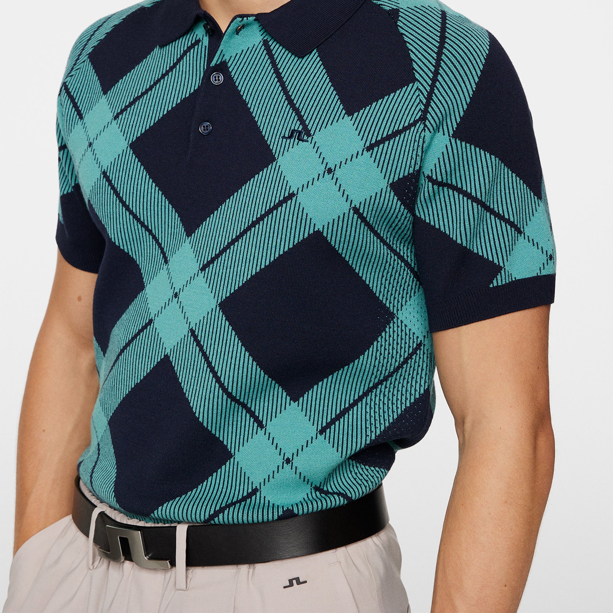 J.Lindeberg Golf x Glenmuir Martin Knitted Polo Shirt Glenmuir Tartan Teal W104
