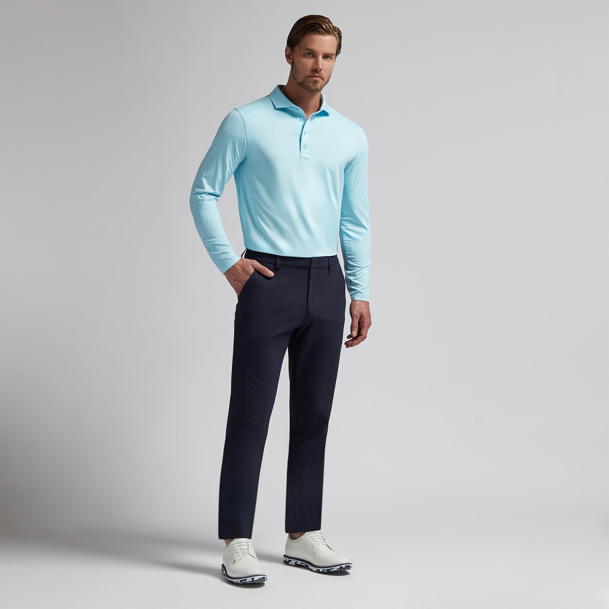 G/FORE Melange Ice Nylon Long Sleeve Polo Powder Melange