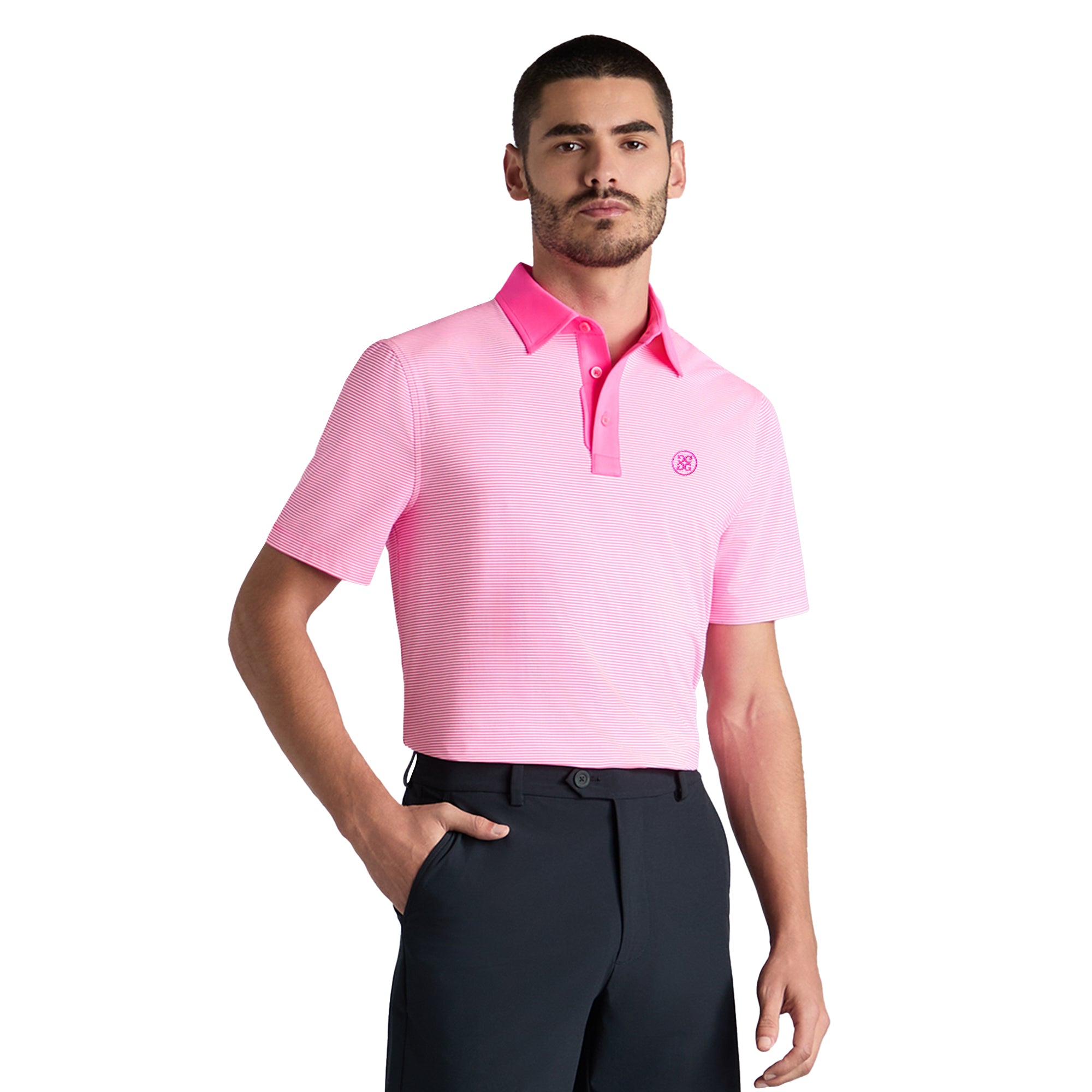 G/FORE Feeder Stripe Fine Tech Jersey Polo Shirt - Knock Out Pink ...