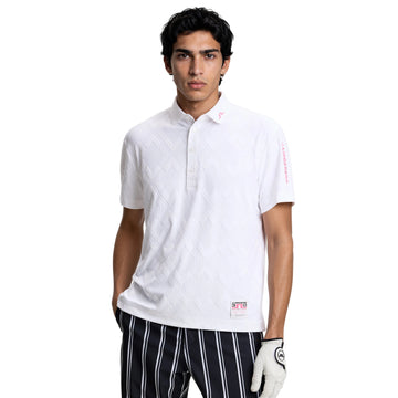 Man wearing a white polo shirt and black pants with white stripes on a white background