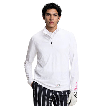 Man wearing a white long-sleeve shirt with a logo on a white background