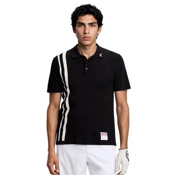 Man wearing a black polo shirt with white stripes on a white background