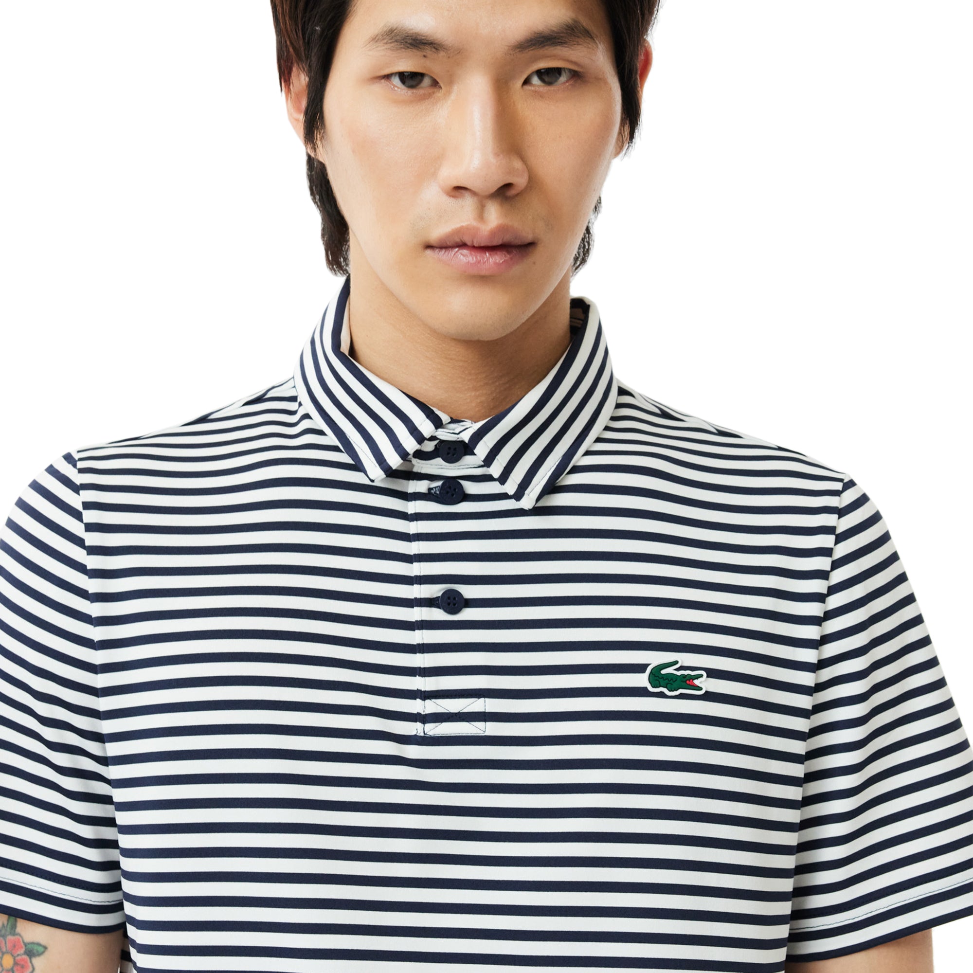 Lacoste Golf All Over Stripe Polo Shirt Navy/White 525