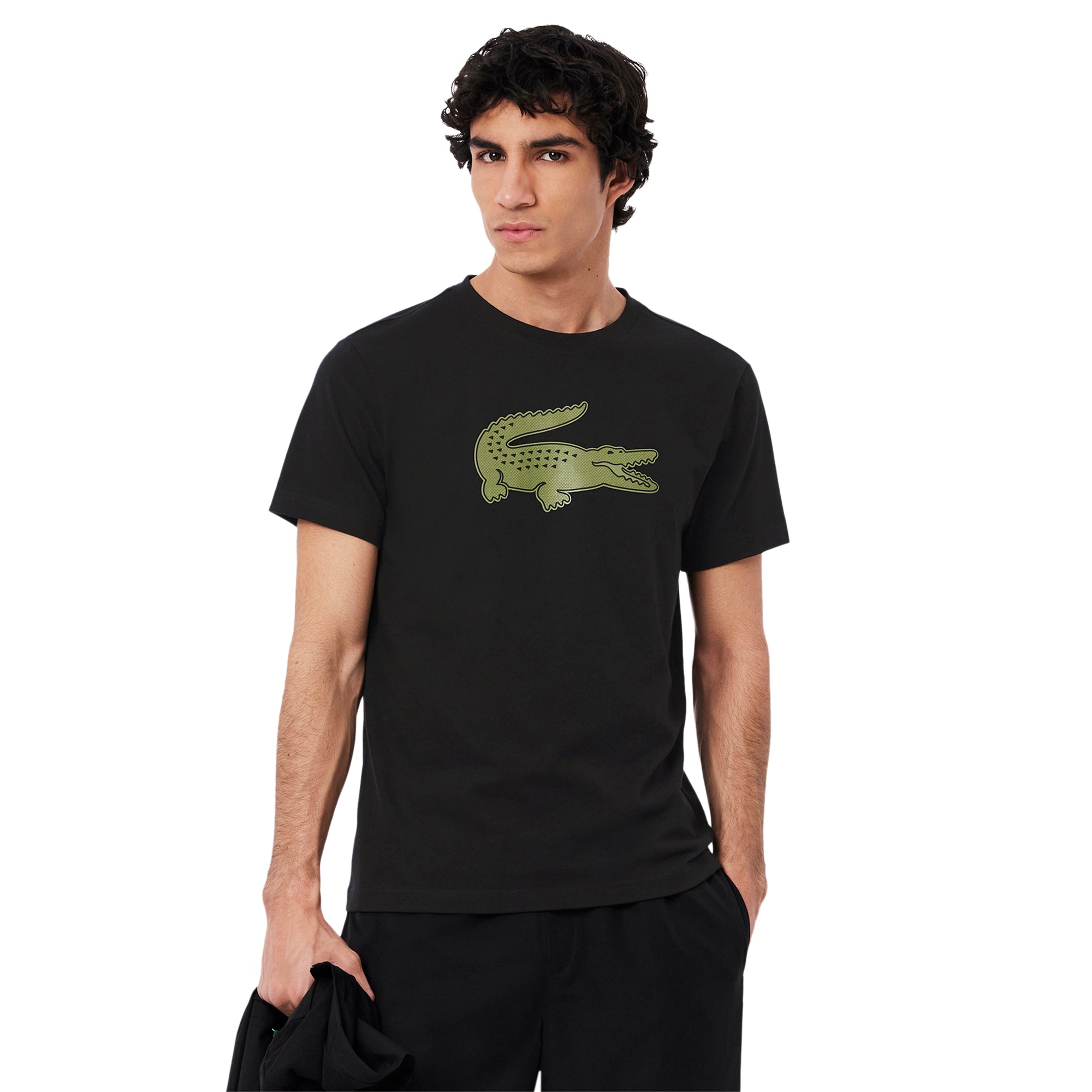 Lacoste Large Croc Print Tee Shirt Black/Khaki Green I6Z