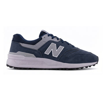 Navy and gray sneaker with New Balance logo on a white background