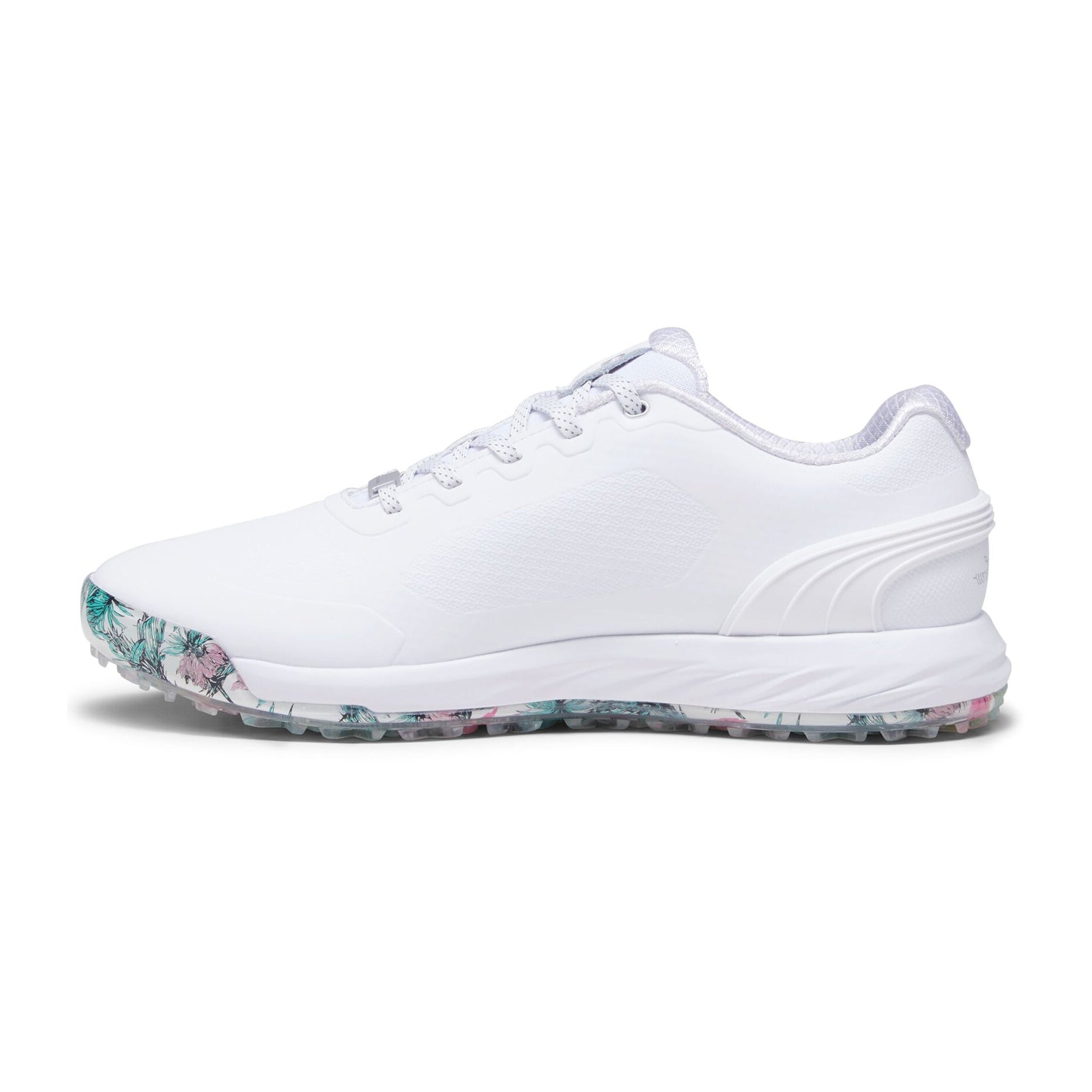 Puma x PTC Alphacat Nitro Golf Shoes White/Aqua Green/Pink 01