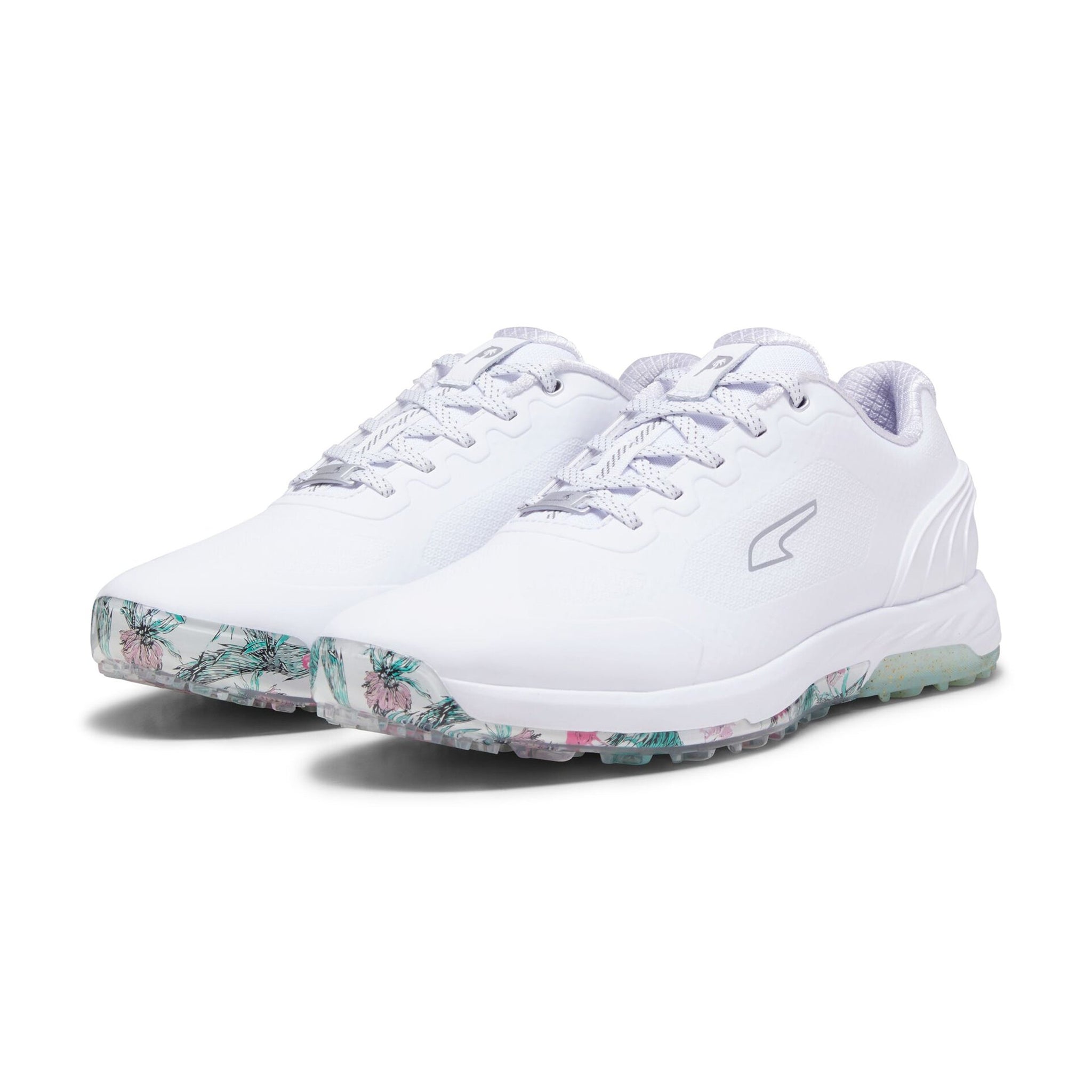 Puma x PTC Alphacat Nitro Golf Shoes White/Aqua Green/Pink 01