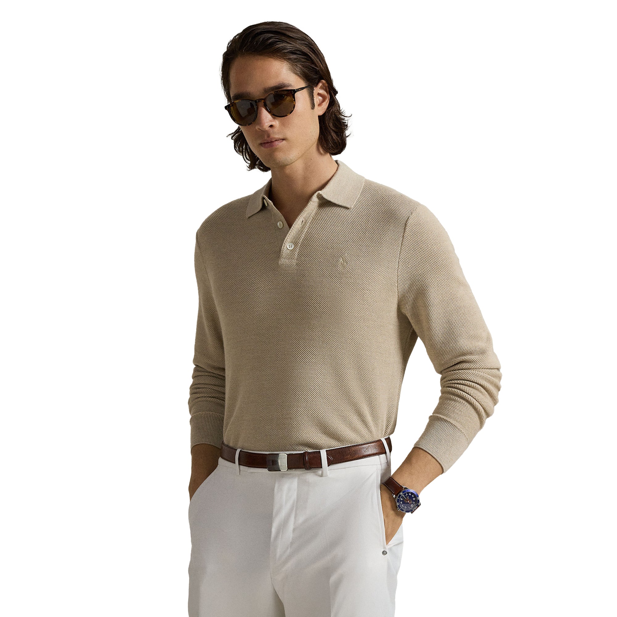 RLX Ralph Lauren Performance LS Polo Sweater - Ecru Tan Heather